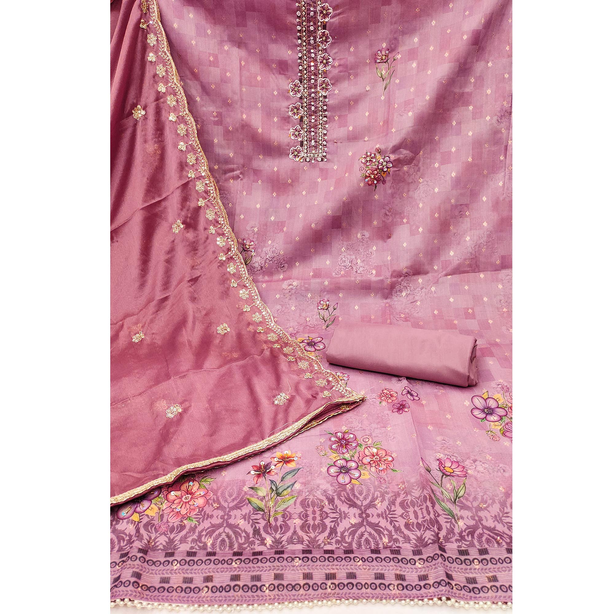Pink Floral Digital Printed With Handwork Chanderi Dress Material