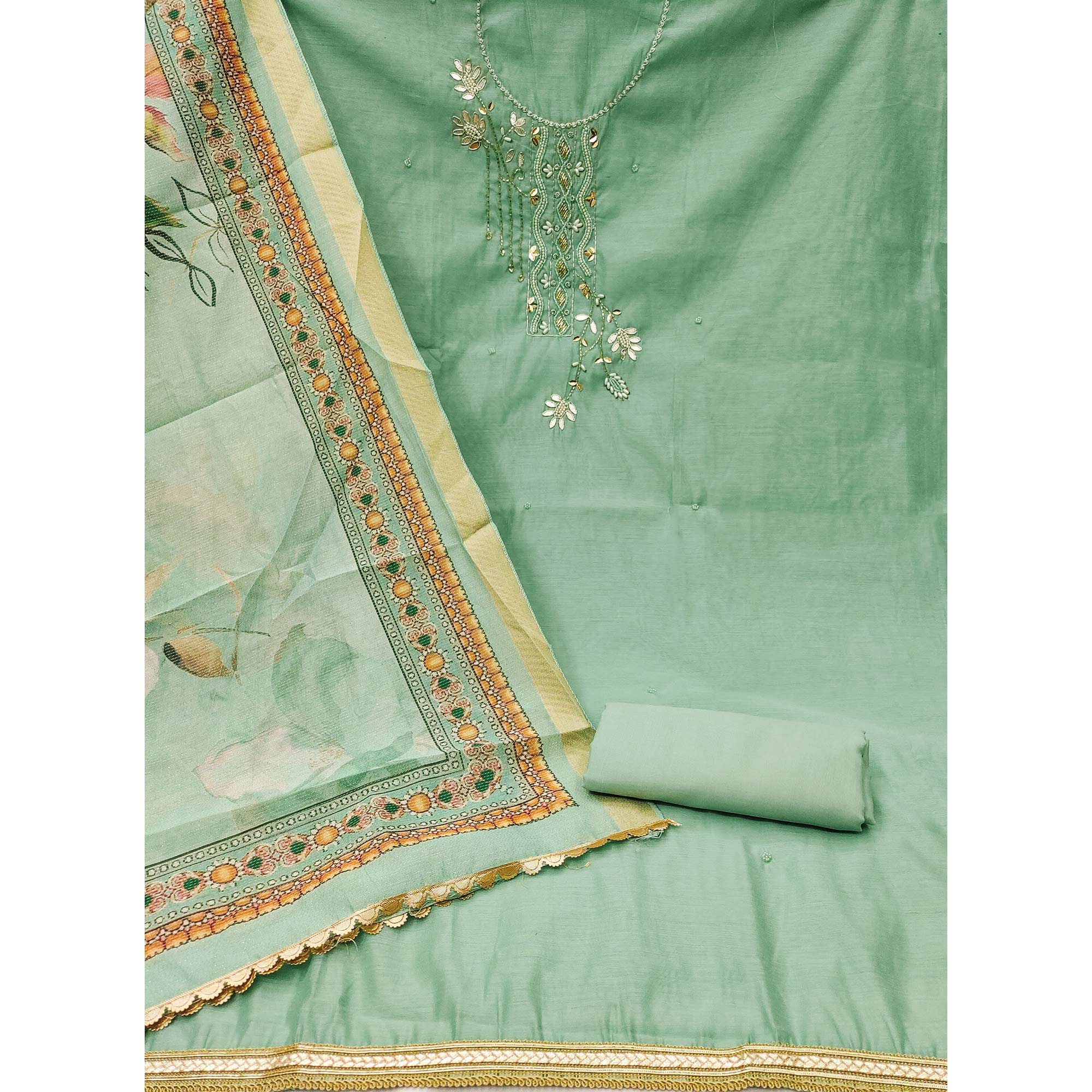 Green Floral Hand Embroidery Chanderi Dress Material