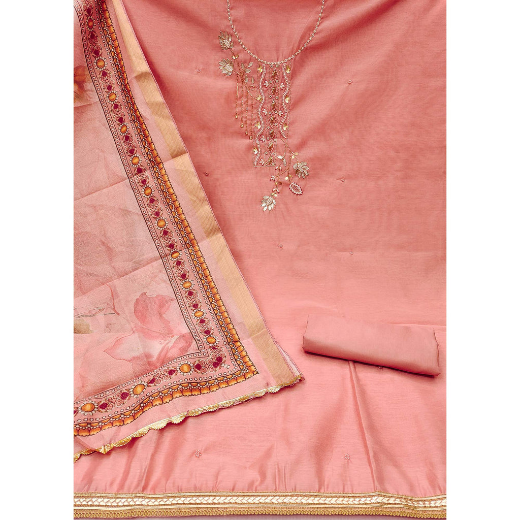 Peach Floral Hand Embroidery Chanderi Dress Material