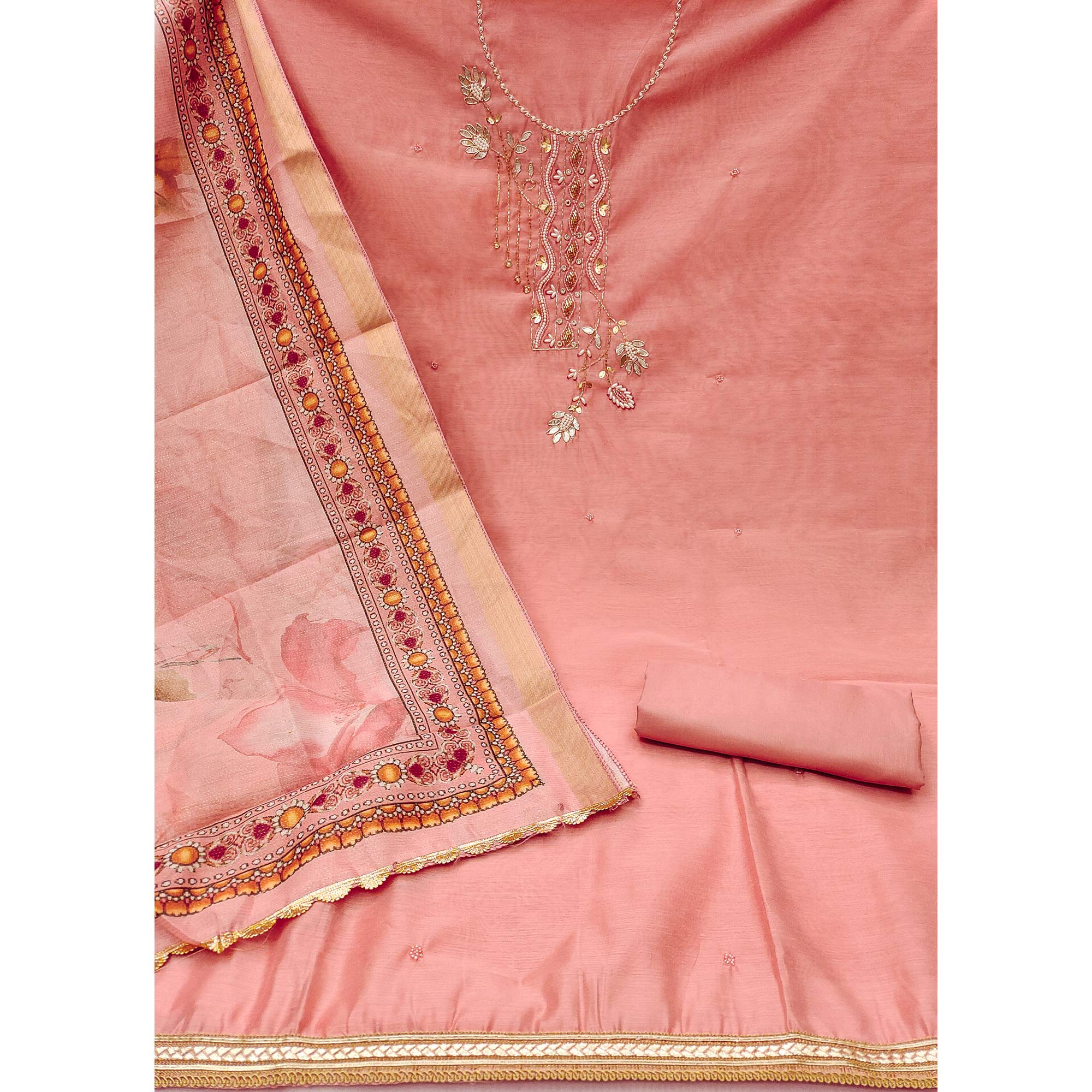 Peach Floral Hand Embroidery Chanderi Dress Material