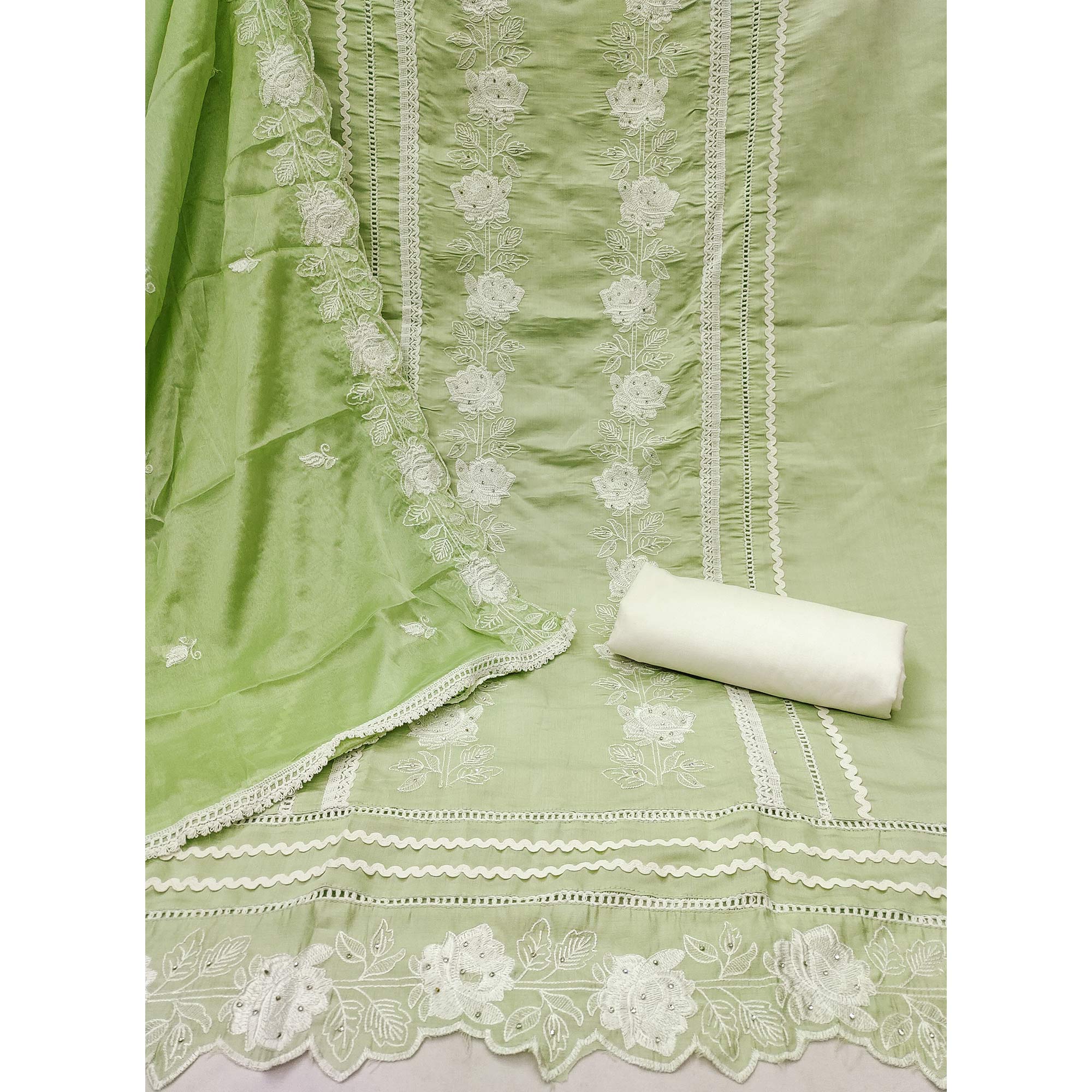Green Floral Stone Embroidered Cotton Silk Dress Material