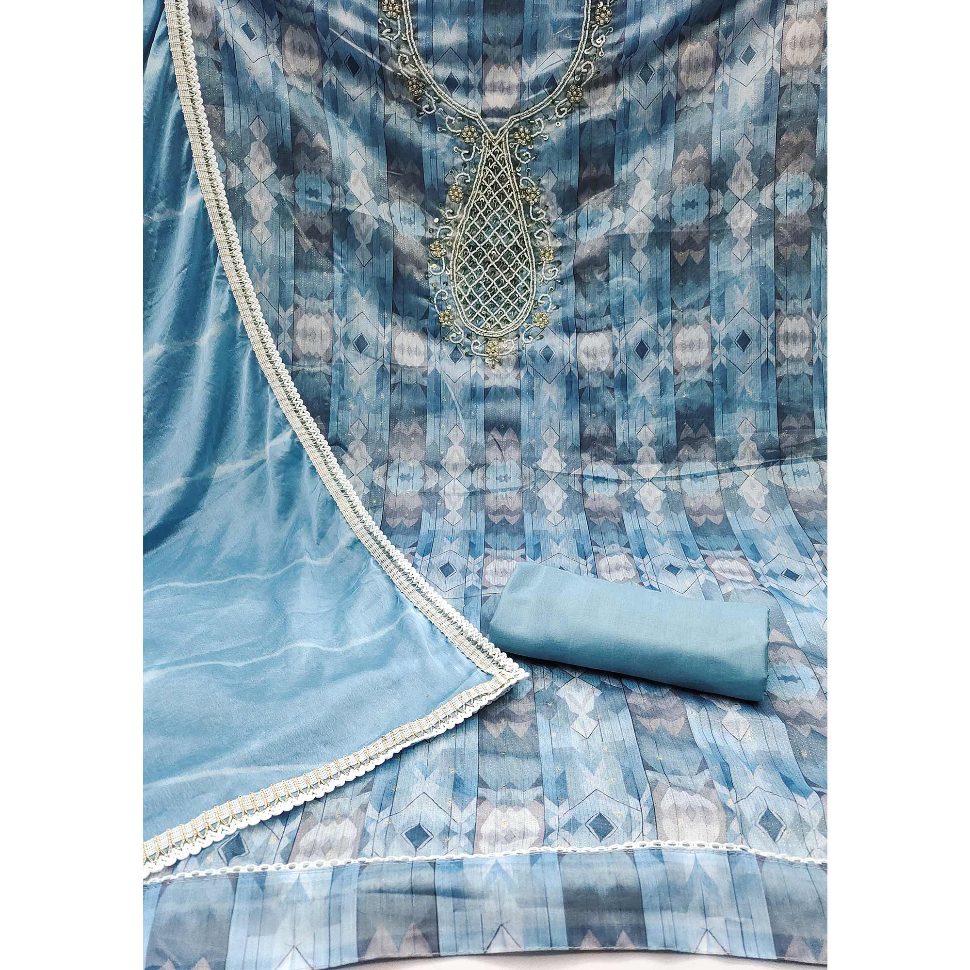 Blue Digital Printed With Hand Embroidery Chanderi Dress Material