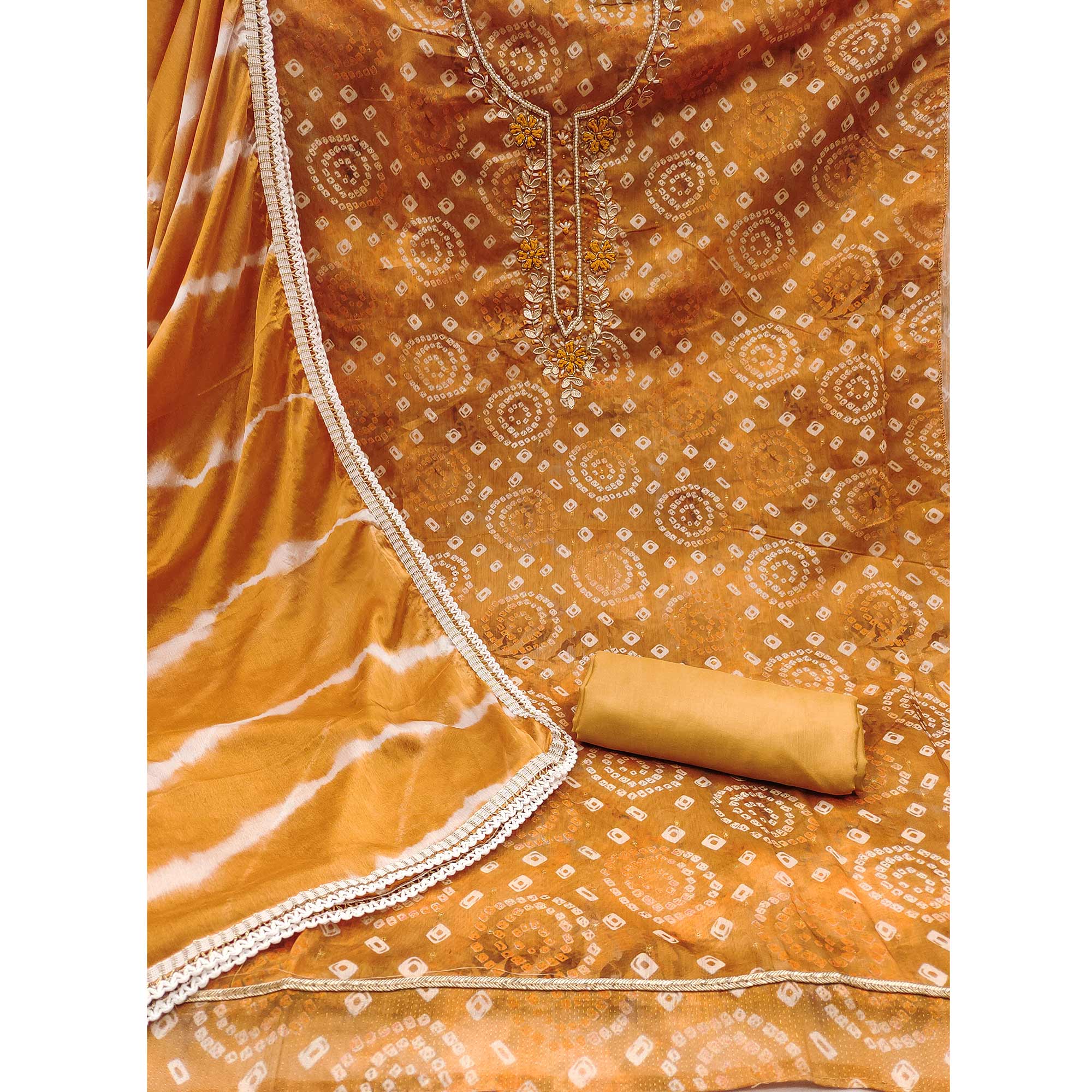 Mustard Bandhani Printed With Hand Embroidery Chanderi Dress Material