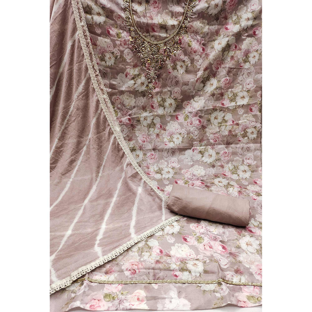 Dusty Peach Floral Digital Printed With Hand Embroidery Muslin Dress Material