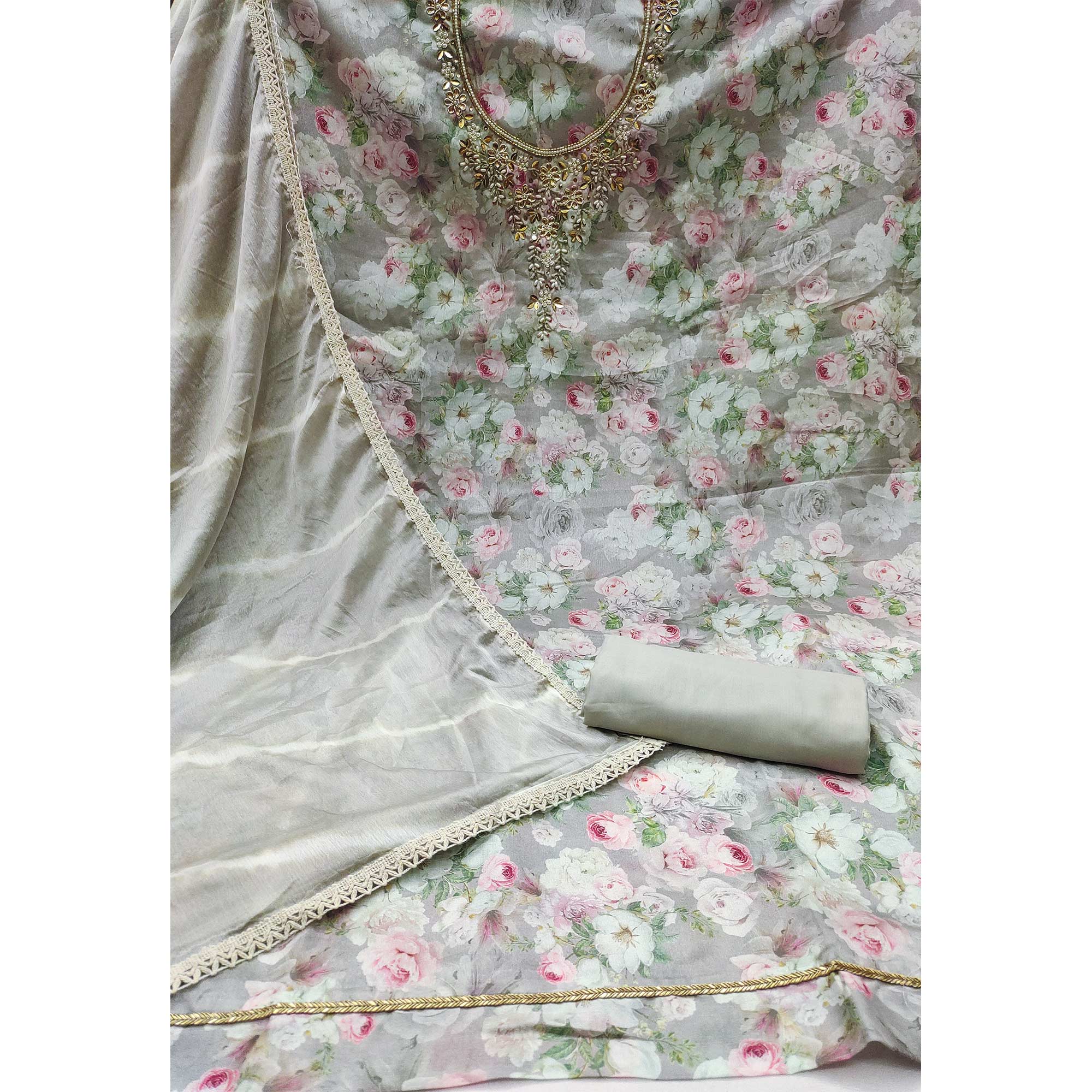 Grey Floral Digital Printed With Hand Embroidery Muslin Dress Material
