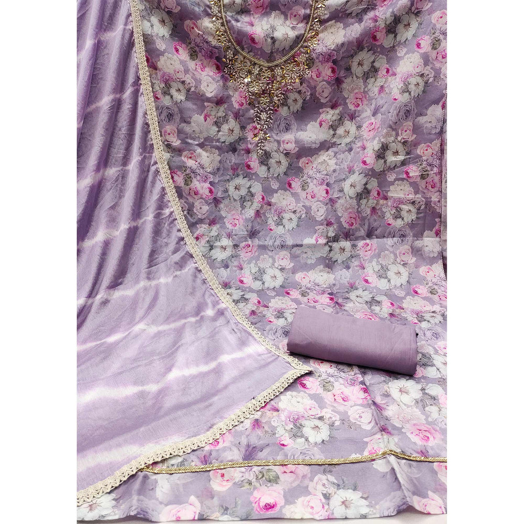 Lavender Floral Digital Printed With Hand Embroidery Muslin Dress Material