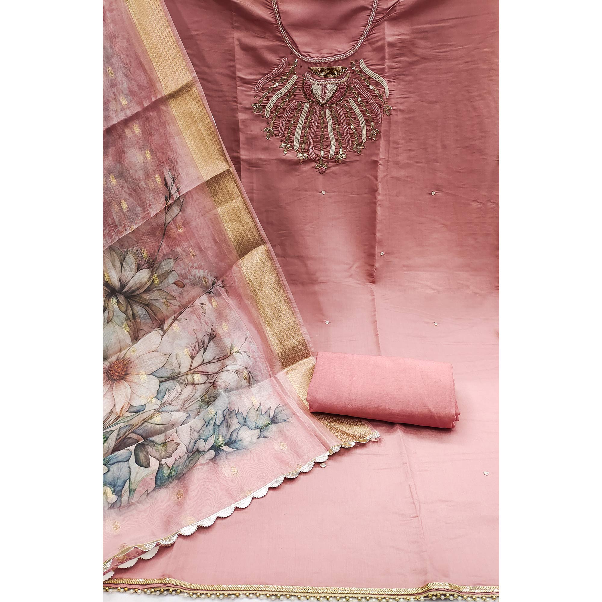Peach Hand Embroidered Cotton Silk Dress Material