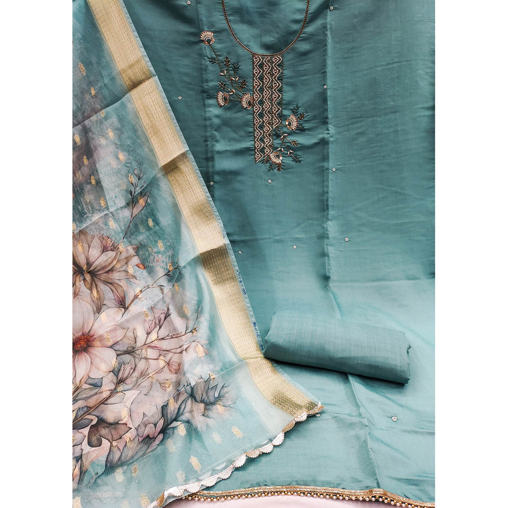 Blue Floral Hand Embroidered Cotton Silk Dress Material
