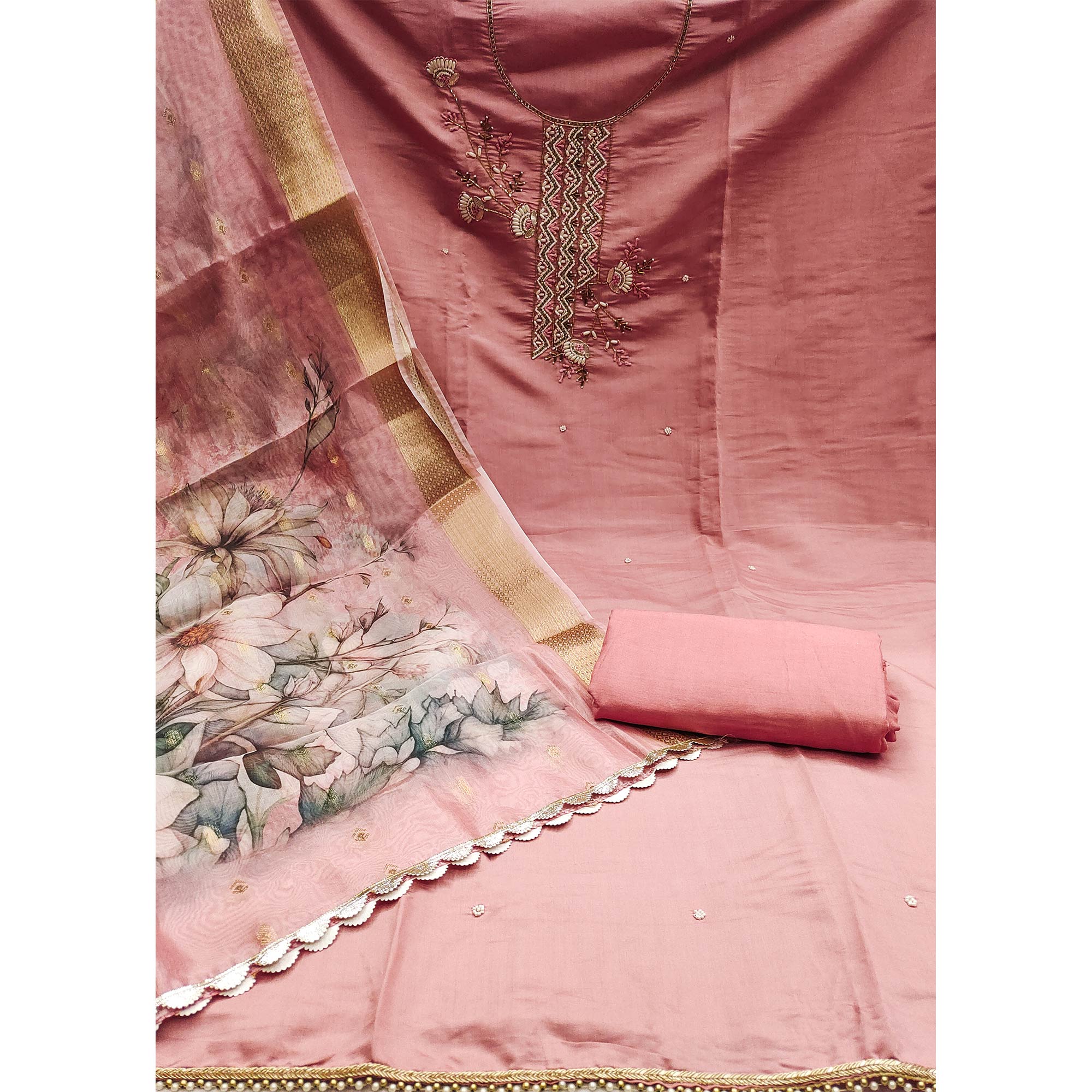 Peach Floral Hand Embroidered Cotton Silk Dress Material