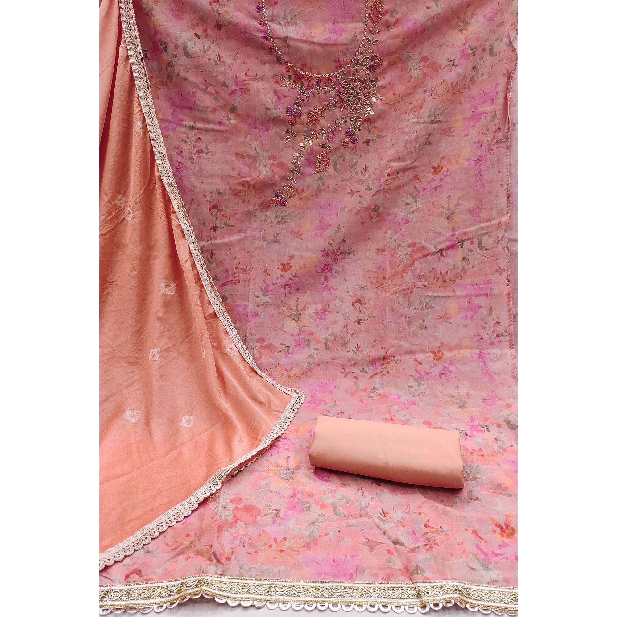 Peach Printed With Hand Embroidery Pure Cotton Dress Material