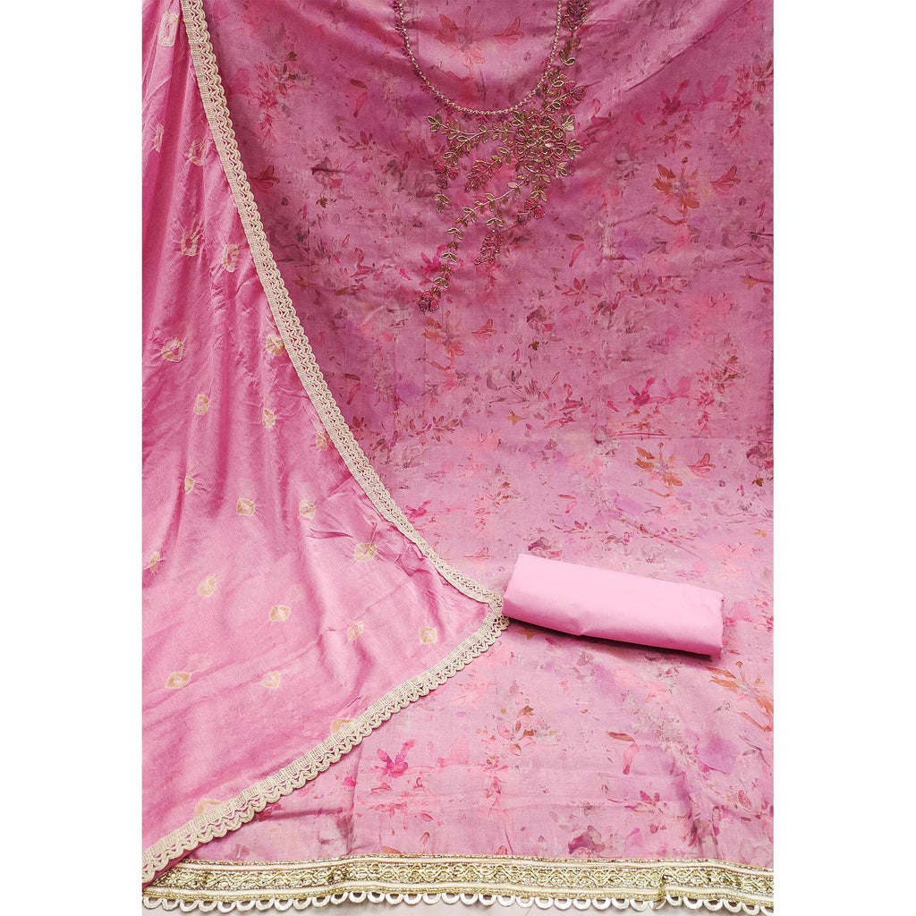 Pink Printed With Hand Embroidery Pure Cotton Dress Material