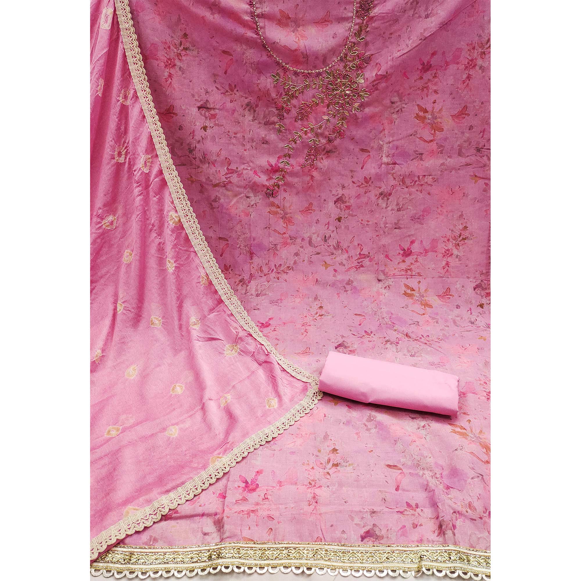 Pink Printed With Hand Embroidery Pure Cotton Dress Material
