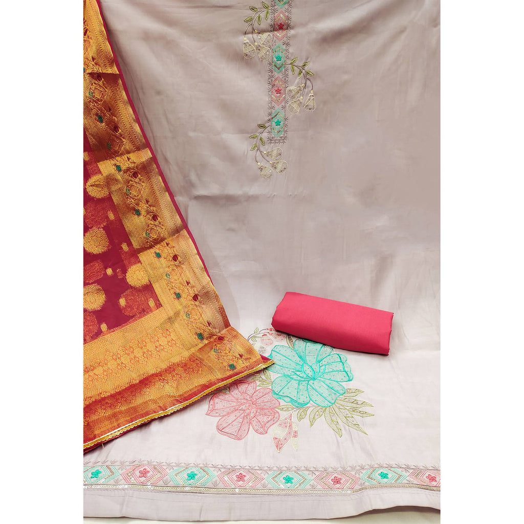Beige Floral Embroidered Cotton Silk Dress Material
