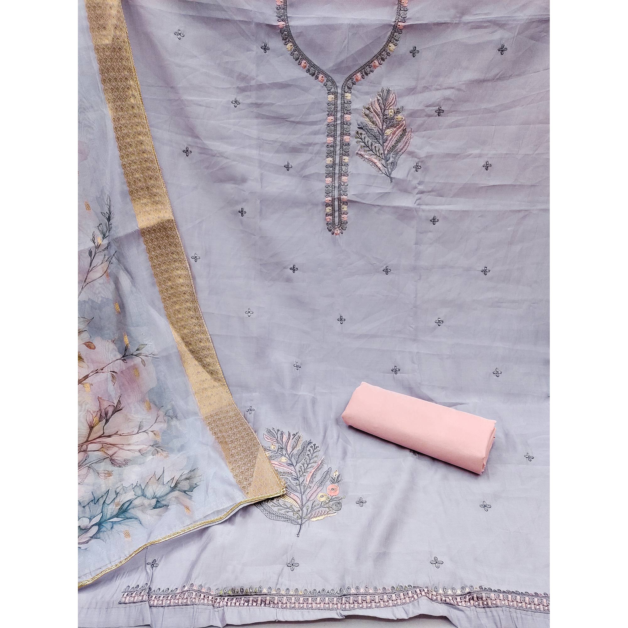 Light Purple Floral Embroidered Cotton Silk Dress Material