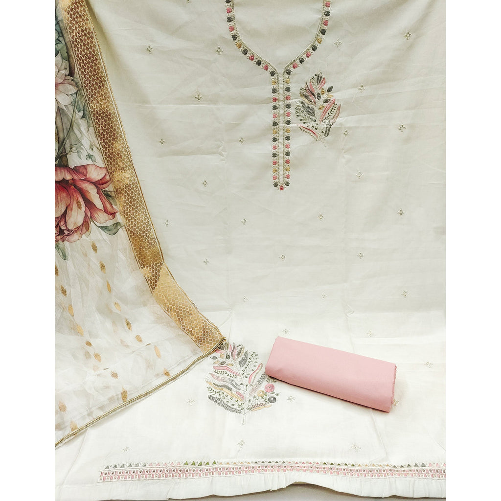 Offwhite Floral Embroidered Cotton Silk Dress Material