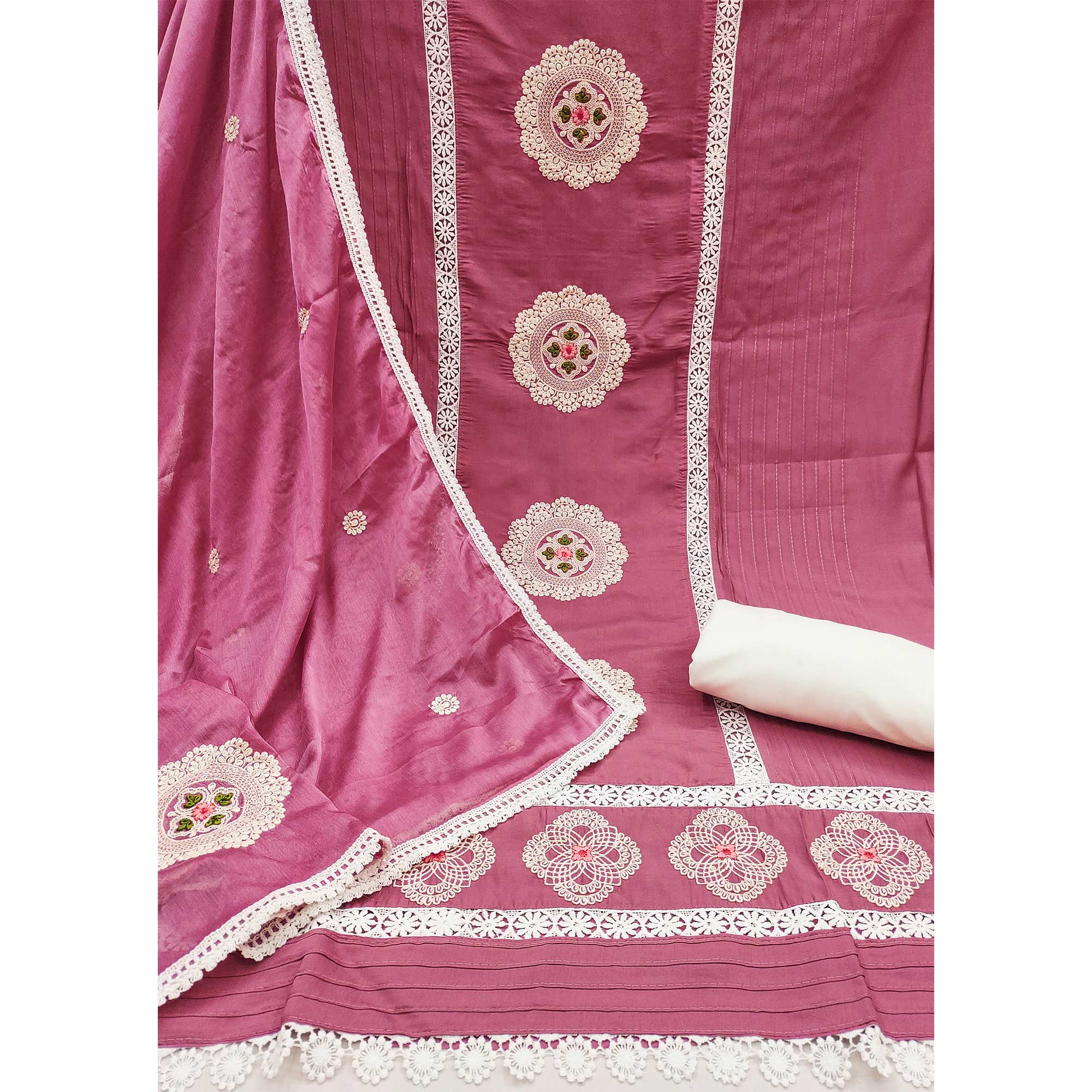 Pink Floral Embroidered Cotton Silk Dress Material