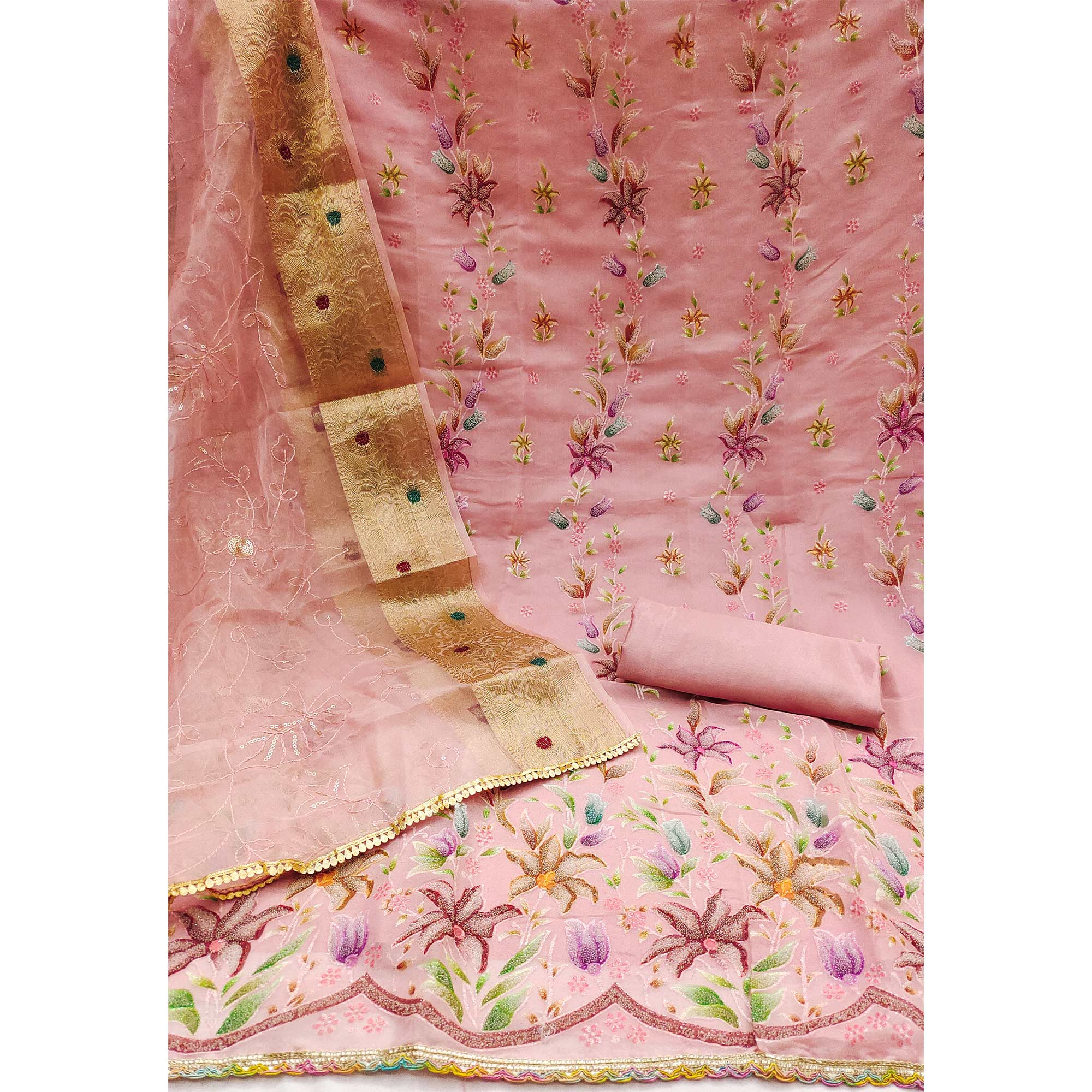 Peach Floral Hand Embroidered Organza Dress Material