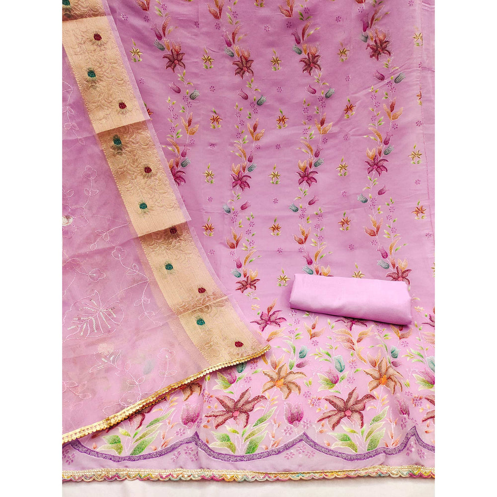 Pink Floral Hand Embroidered Organza Dress Material