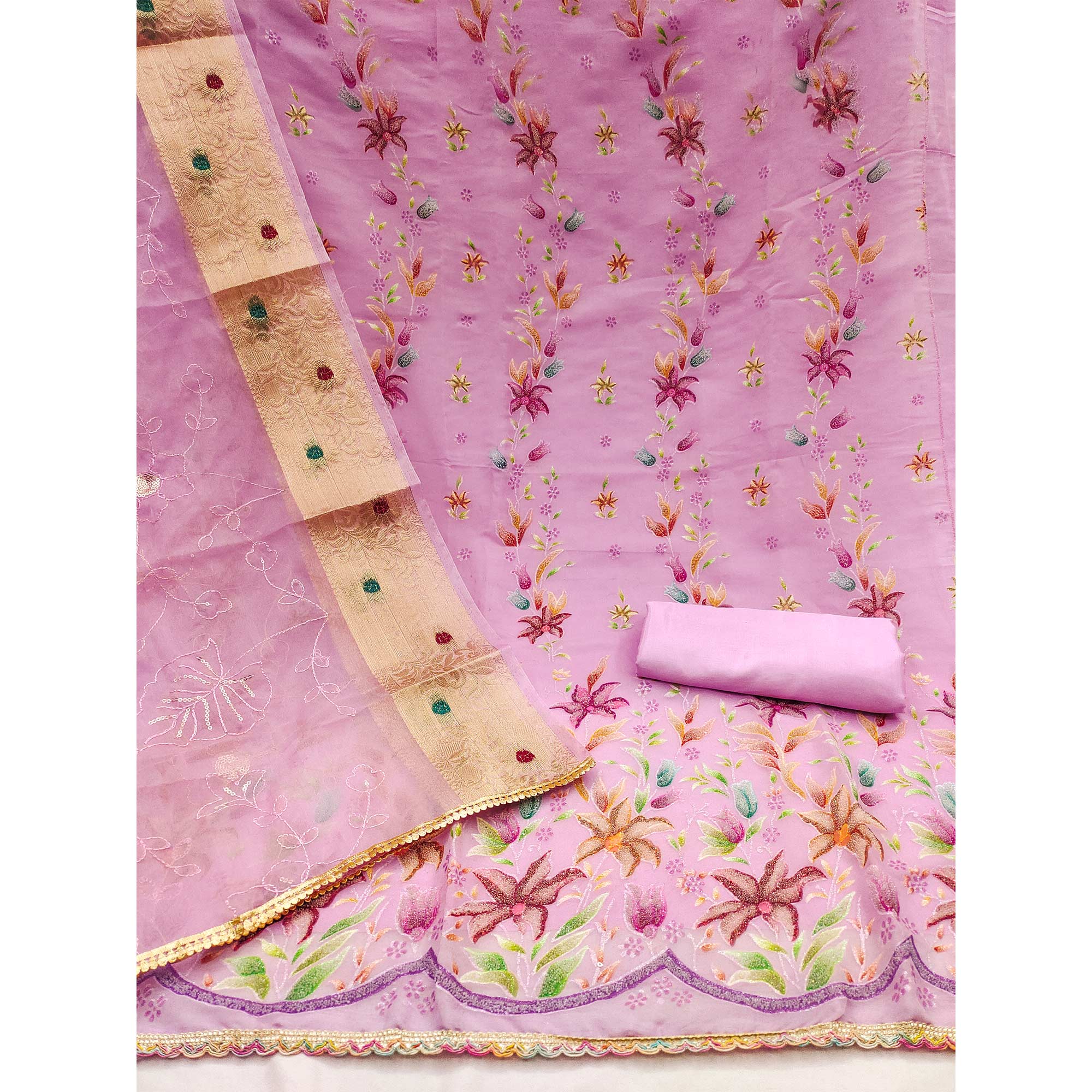 Pink Floral Hand Embroidered Organza Dress Material