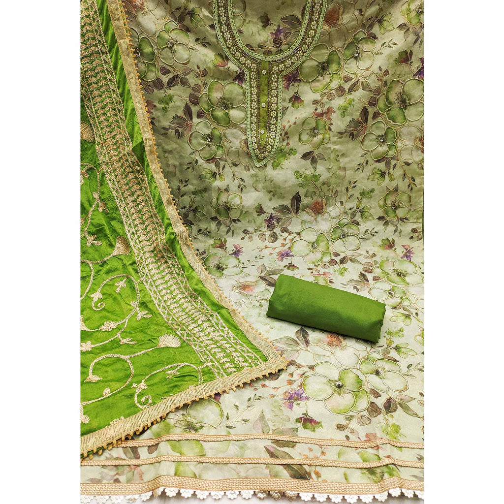 Green Floral Digital Printed With Hand Embroidery Viscose Dress Material