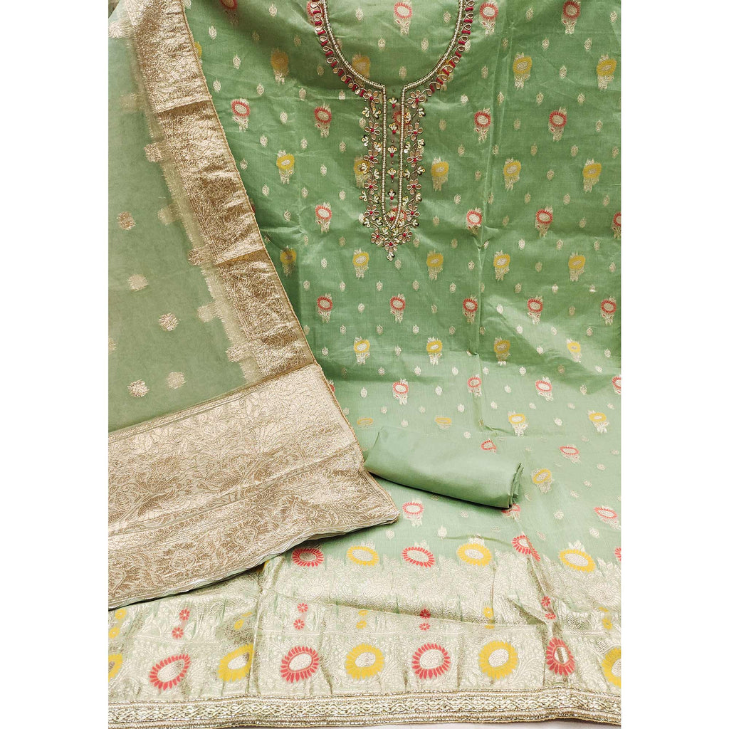 Green Woven With Handwork Organza Dress Material