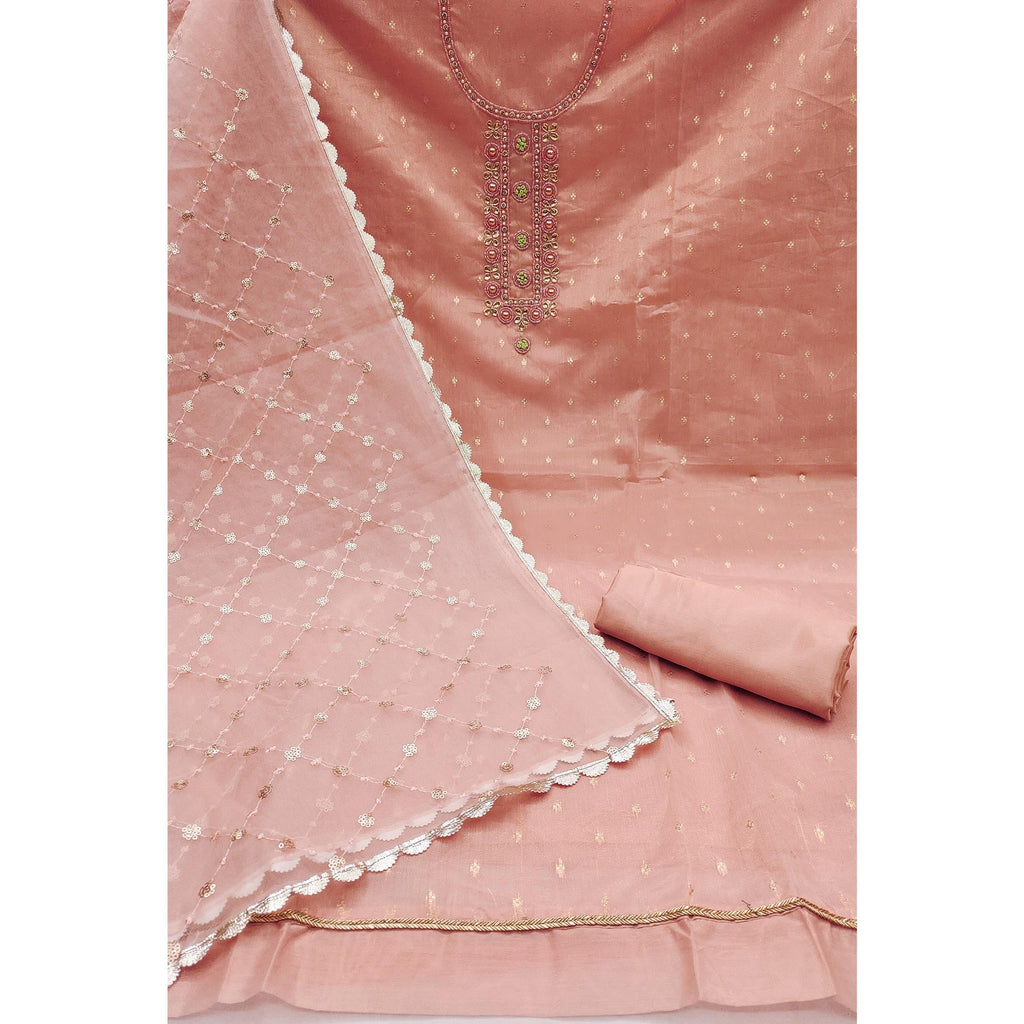 Peach Woven With Handwork Organza Dress Material