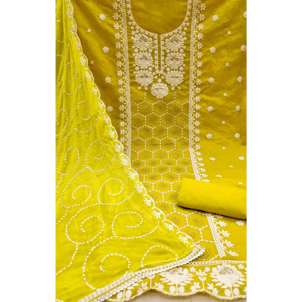 Green Floral Sequins Embroidered Chanderi Silk Dress Material