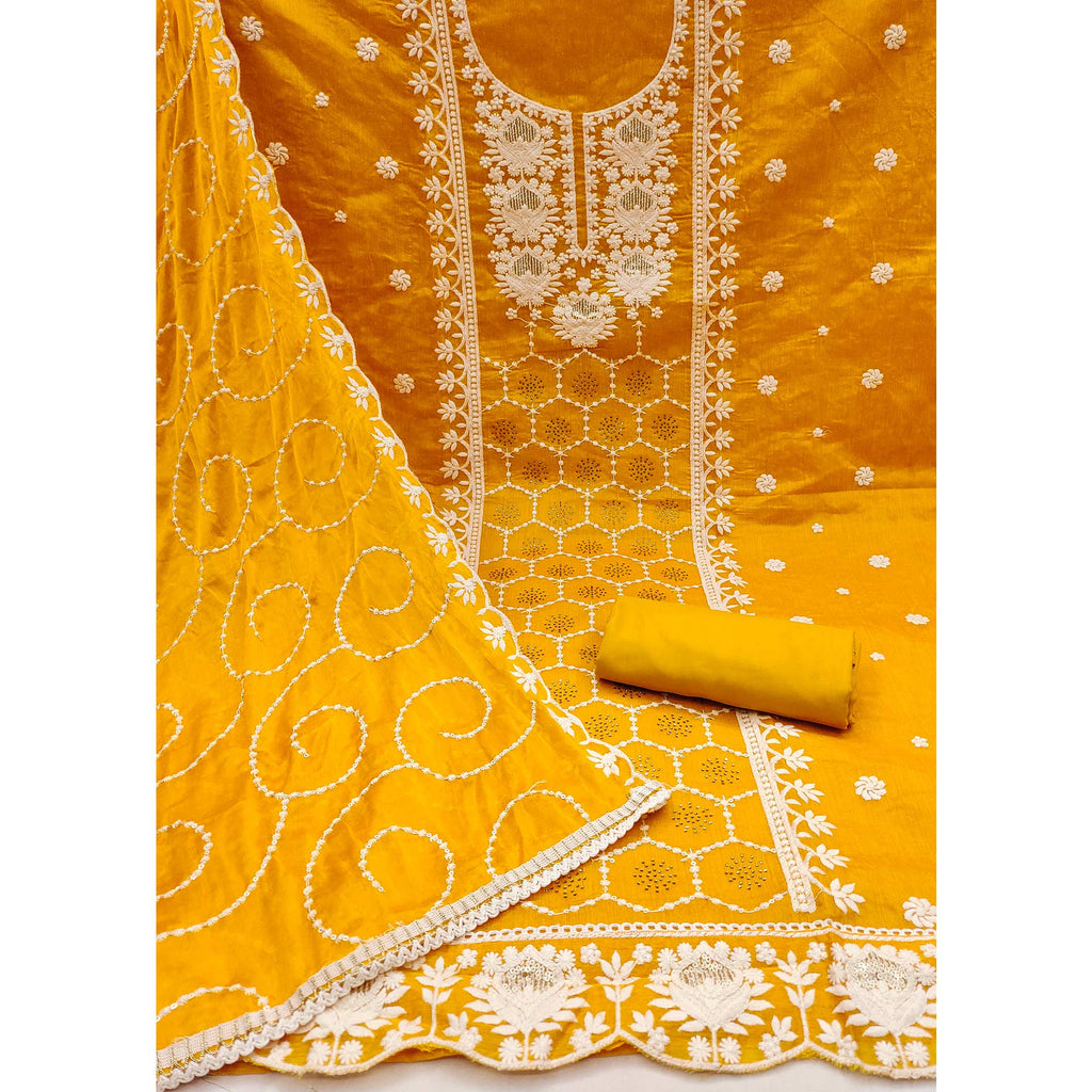 Mustard Floral Sequins Embroidered Chanderi Silk Dress Material
