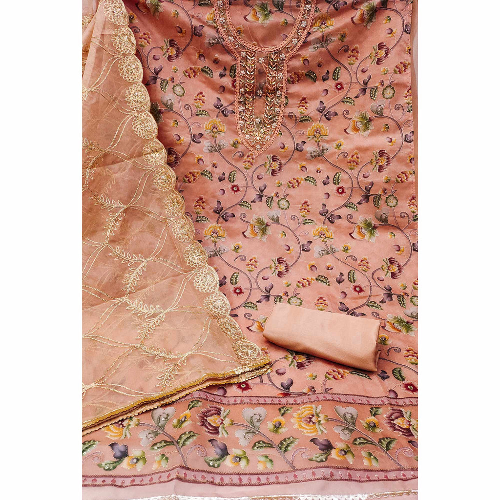 Peach Floral Digital Printed With Hand Embroidery Organza Dress Material