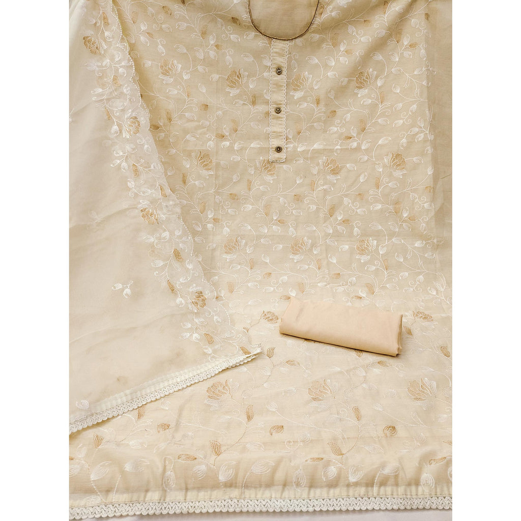Cream Floral Embroidered Chanderi Silk Dress Material