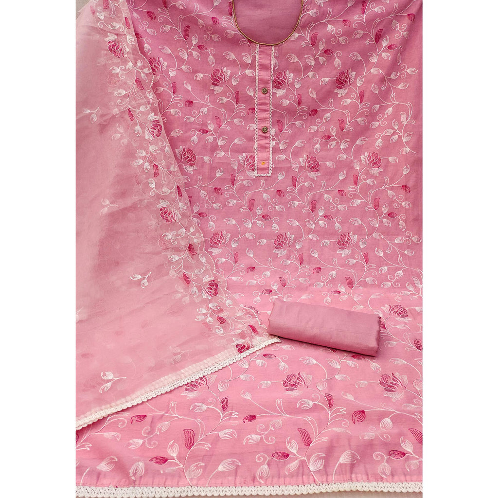 Pink Floral Embroidered Chanderi Silk Dress Material