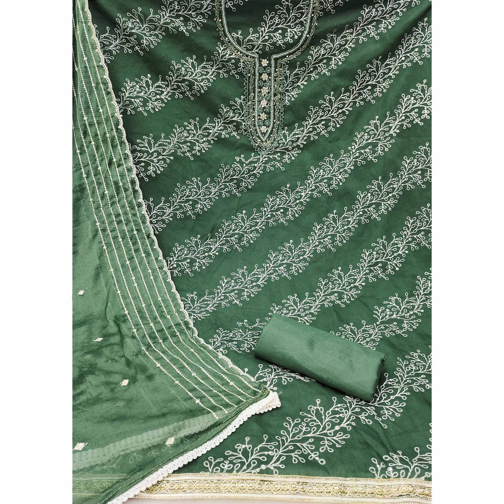 Bottle Green Sequins Embroidery With Handwork Organza Dress Material
