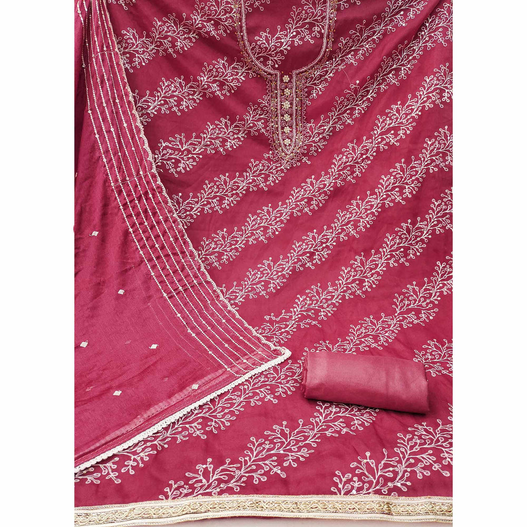 Pink Sequins Embroidery With Handwork Organza Dress Material