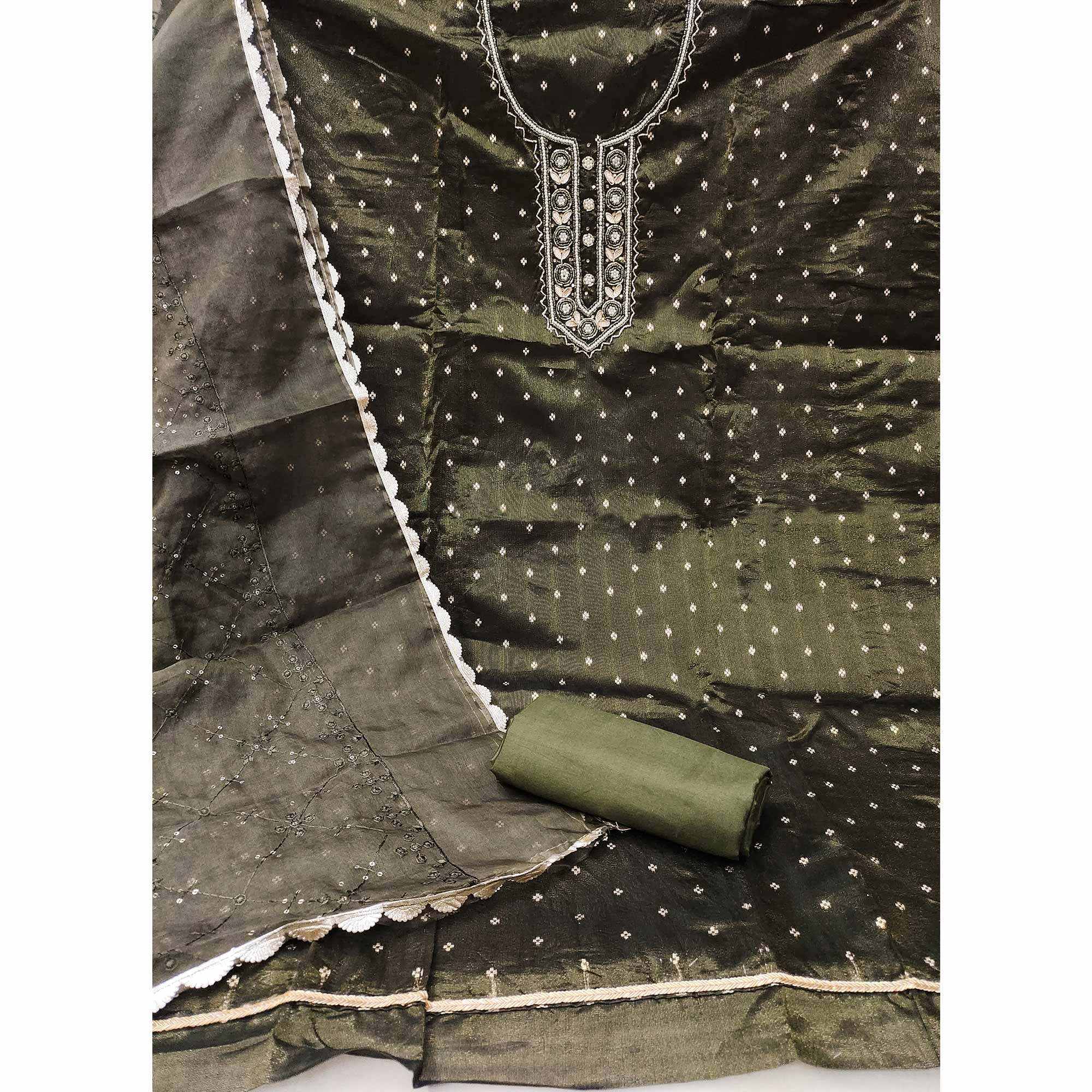 Green Woven With Handwork Organza Dress Material