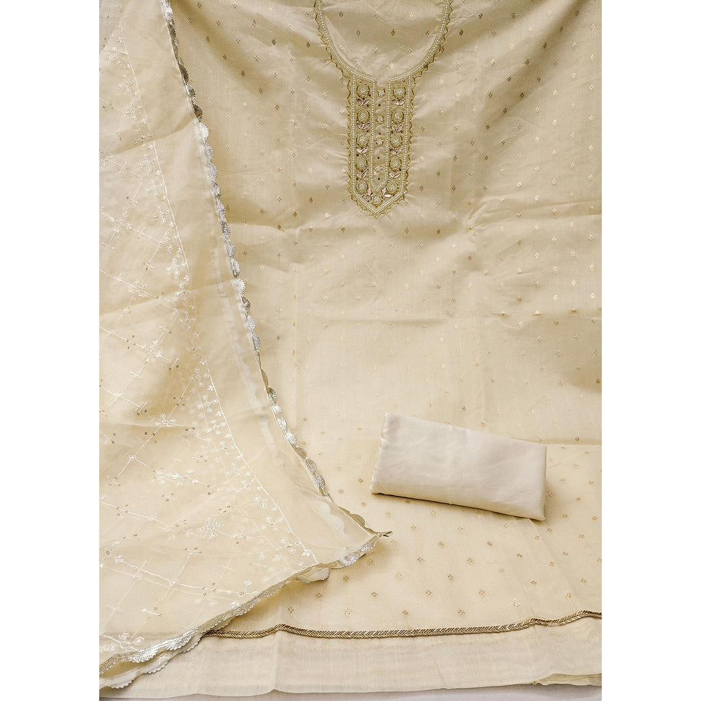 Offwhite Woven With Handwork Organza Dress Material