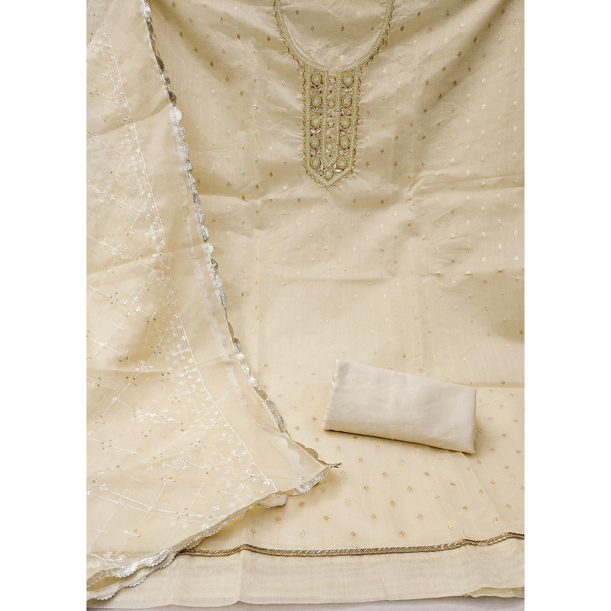 Offwhite Woven With Handwork Organza Dress Material