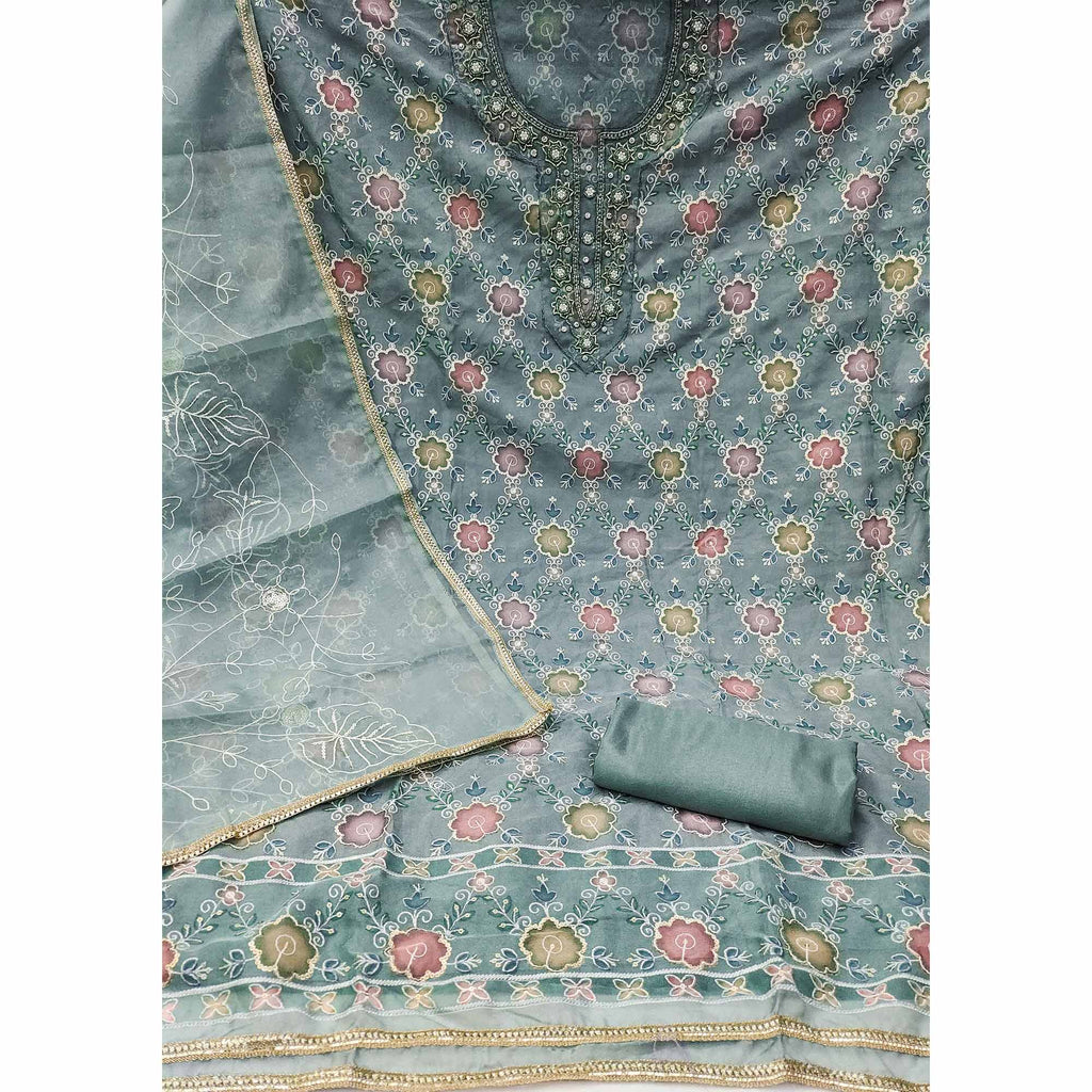 Blue Digital Printed With Hand Embroidered Organza Dress Material