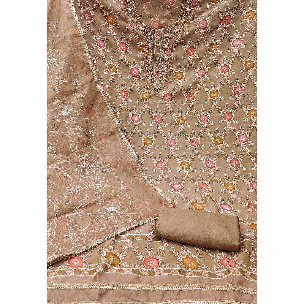 Brown Digital Printed With Hand Embroidered Organza Dress Material