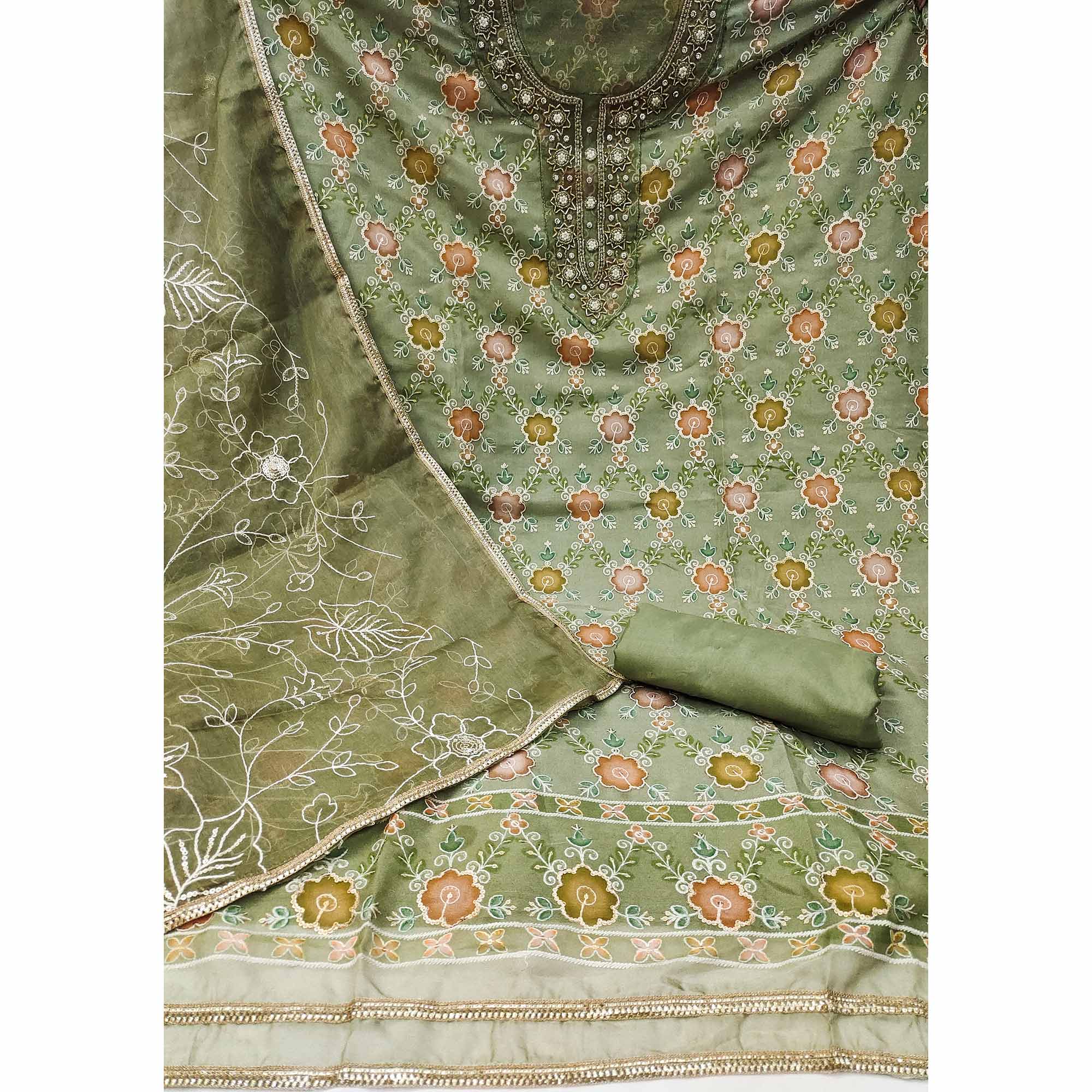 Green Digital Printed With Hand Embroidered Organza Dress Material