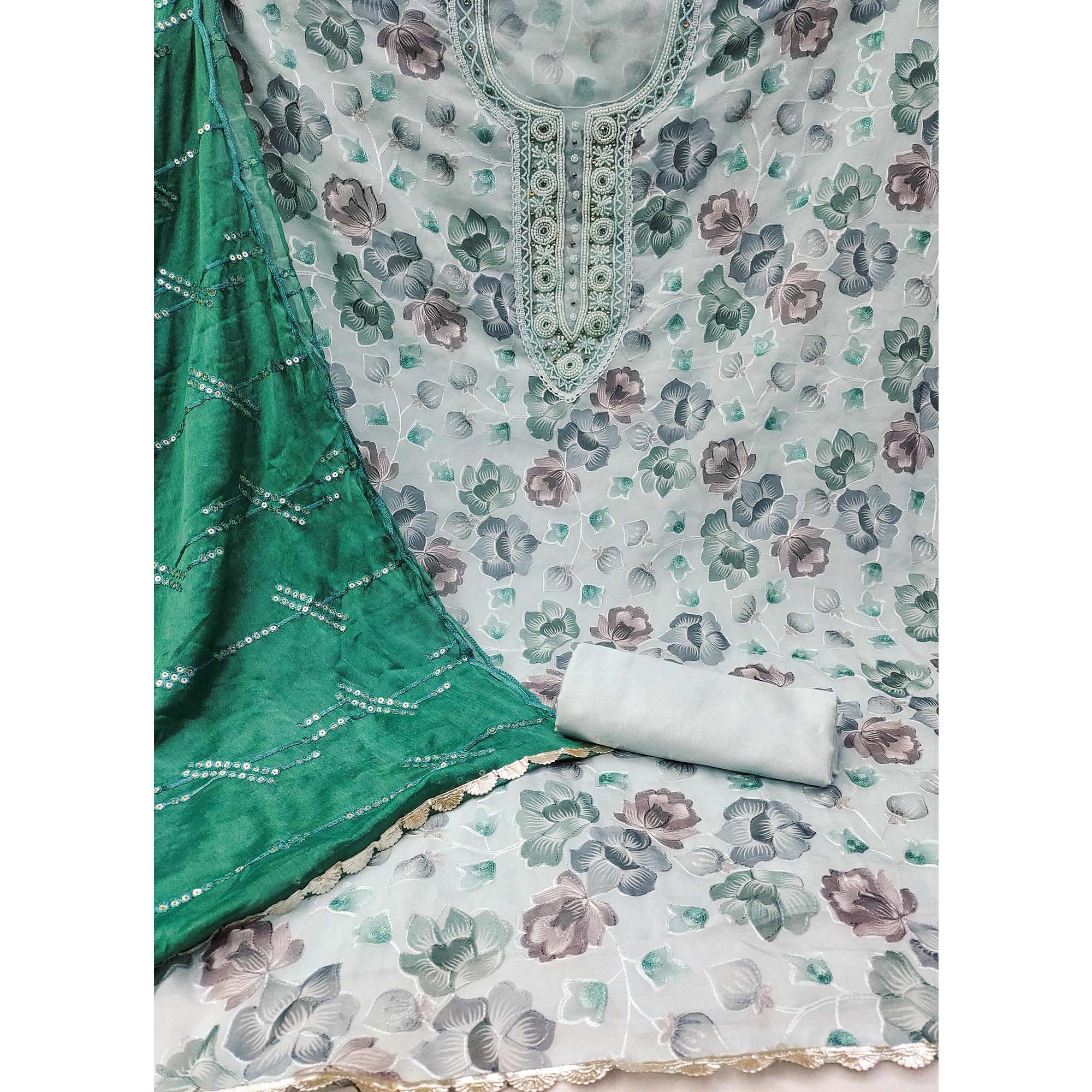 Light Grey Hand Embroidery With Digital Printed Organza Dress Material