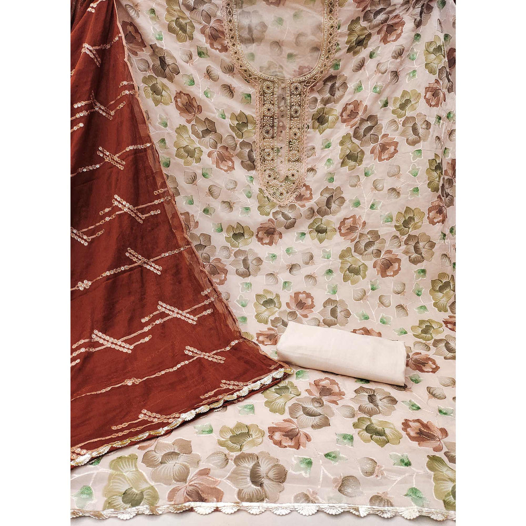 Light Peach Hand Embroidery With Digital Printed Organza Dress Material