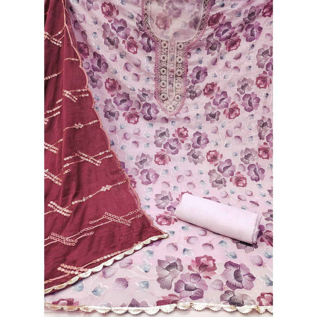 Light Pink Hand Embroidery With Digital Printed Organza Dress Material