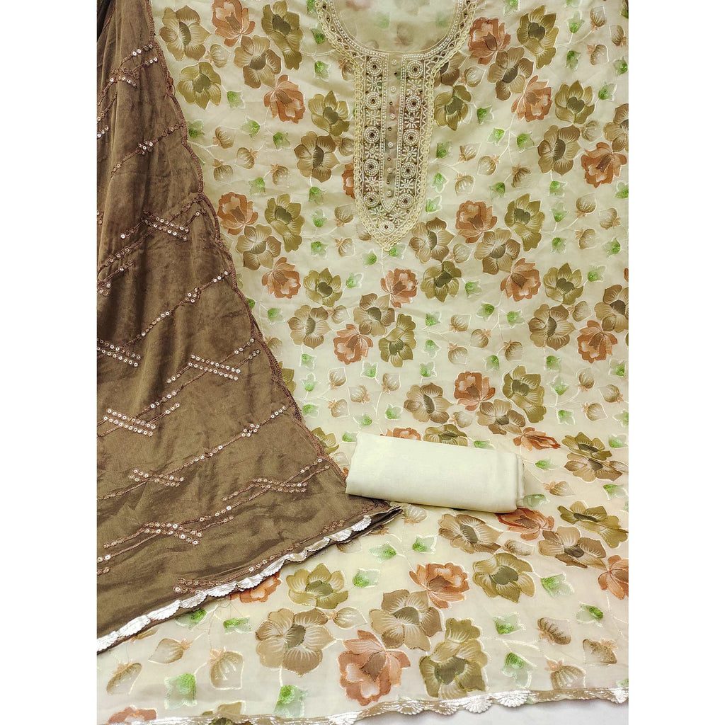 Light Yellow Hand Embroidery With Digital Printed Organza Dress Material