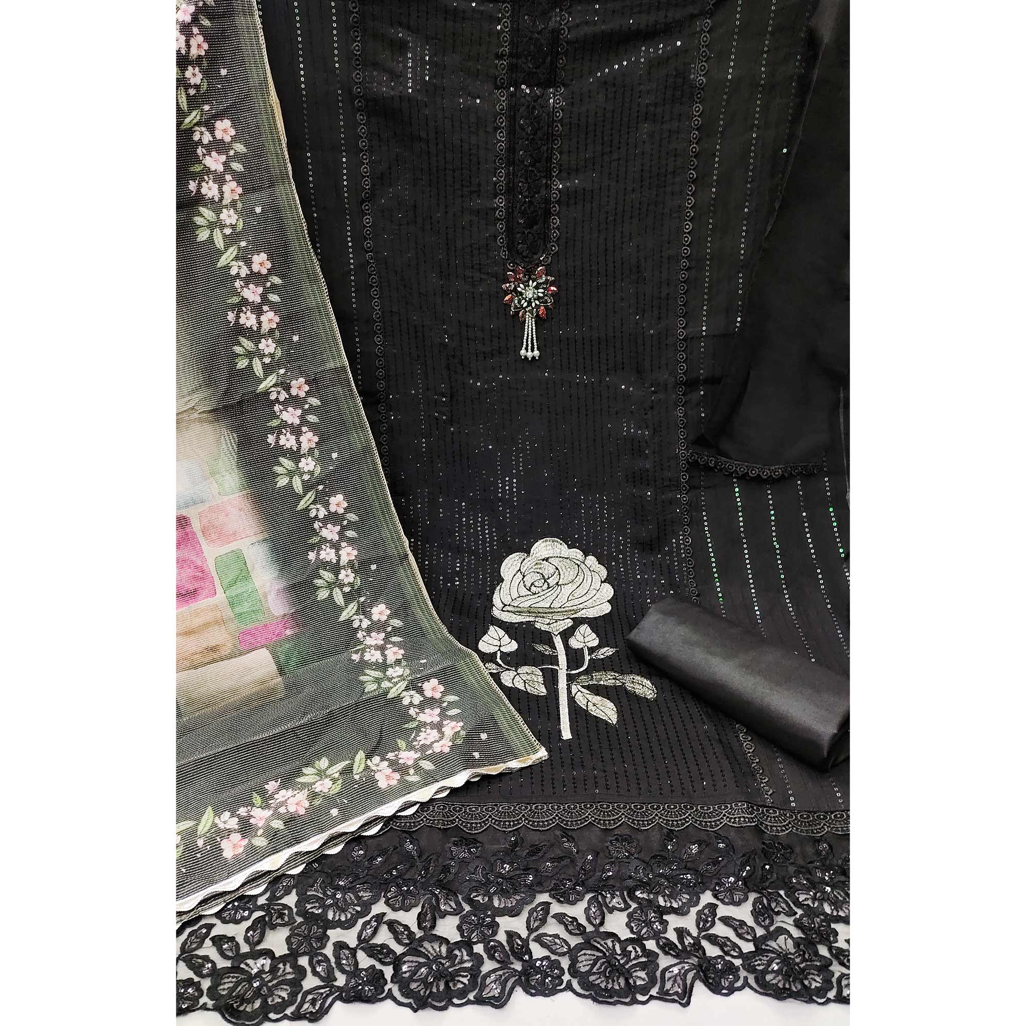 Black Floral Sequins Embroidered Cotton Silk Dress Material