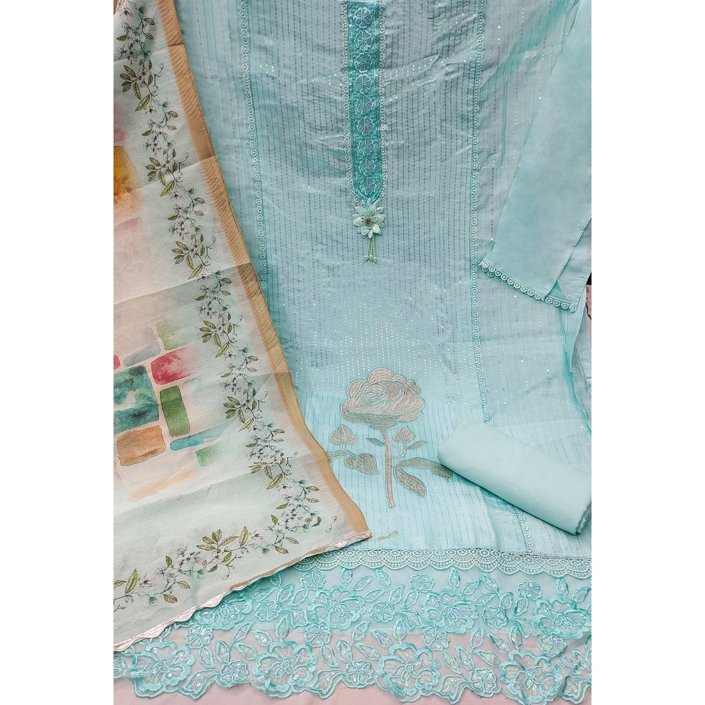 Blue Floral Sequin Embroidered Cotton Silk Dress Material