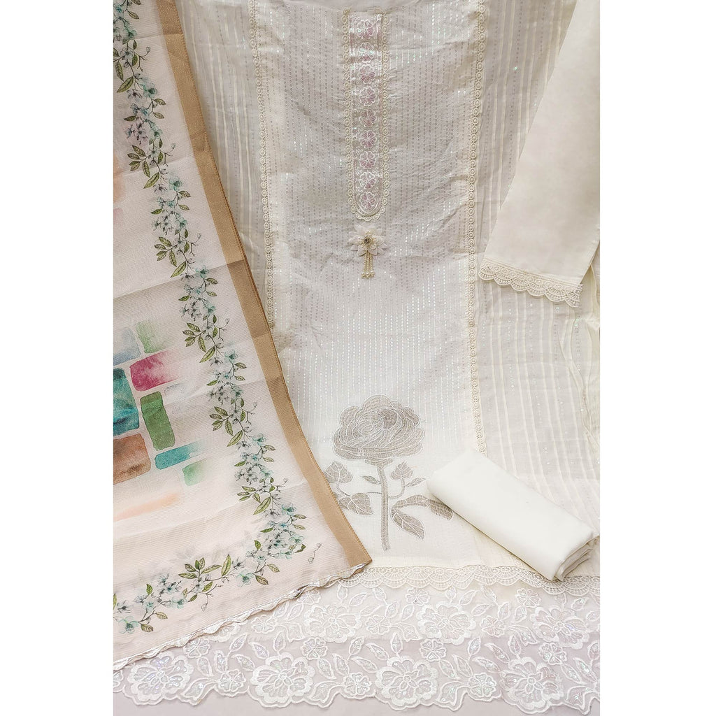 Offwhite Floral Sequins Embroidered Cotton Silk Dress Material