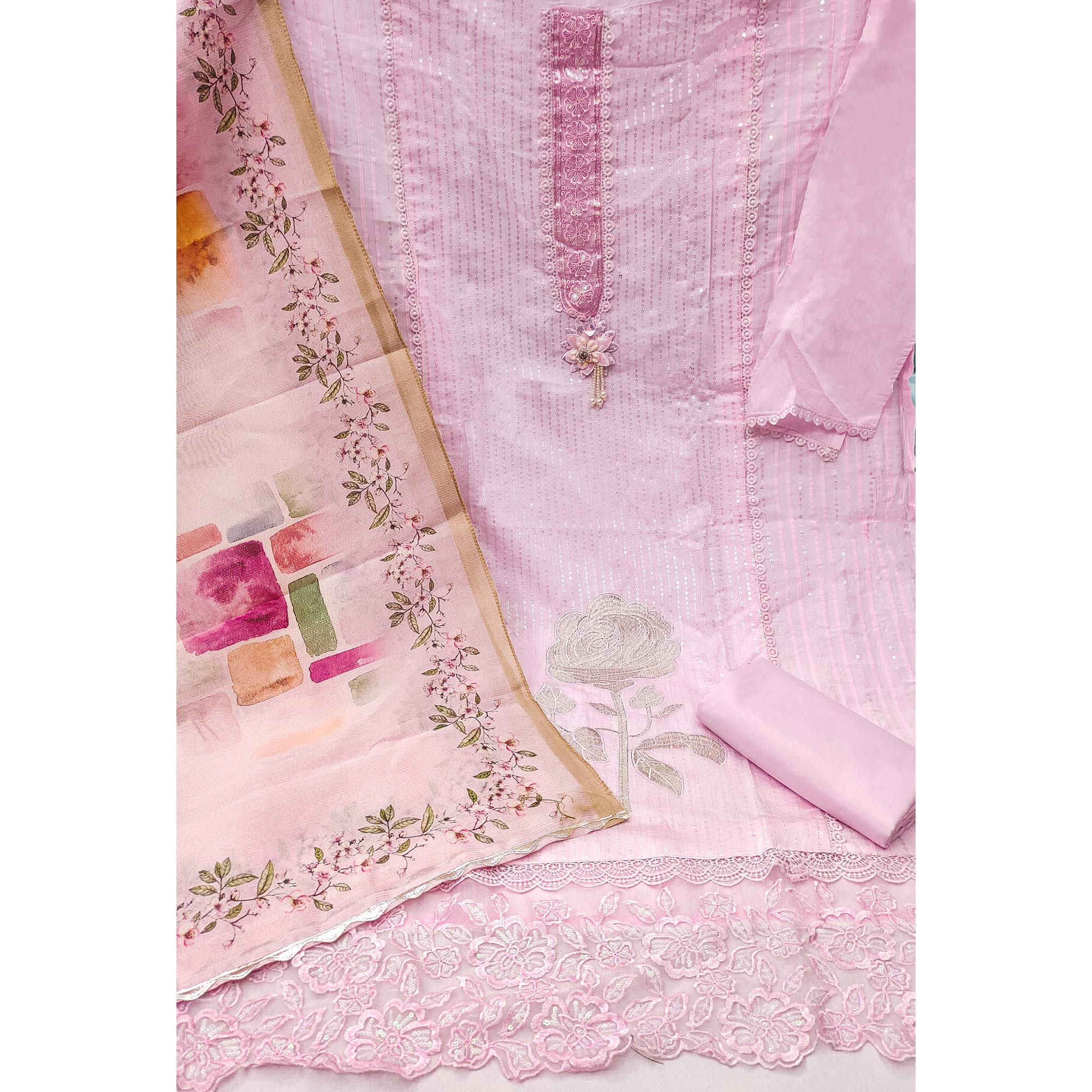 Pink Floral Sequin Embroidered Cotton Silk Dress Material