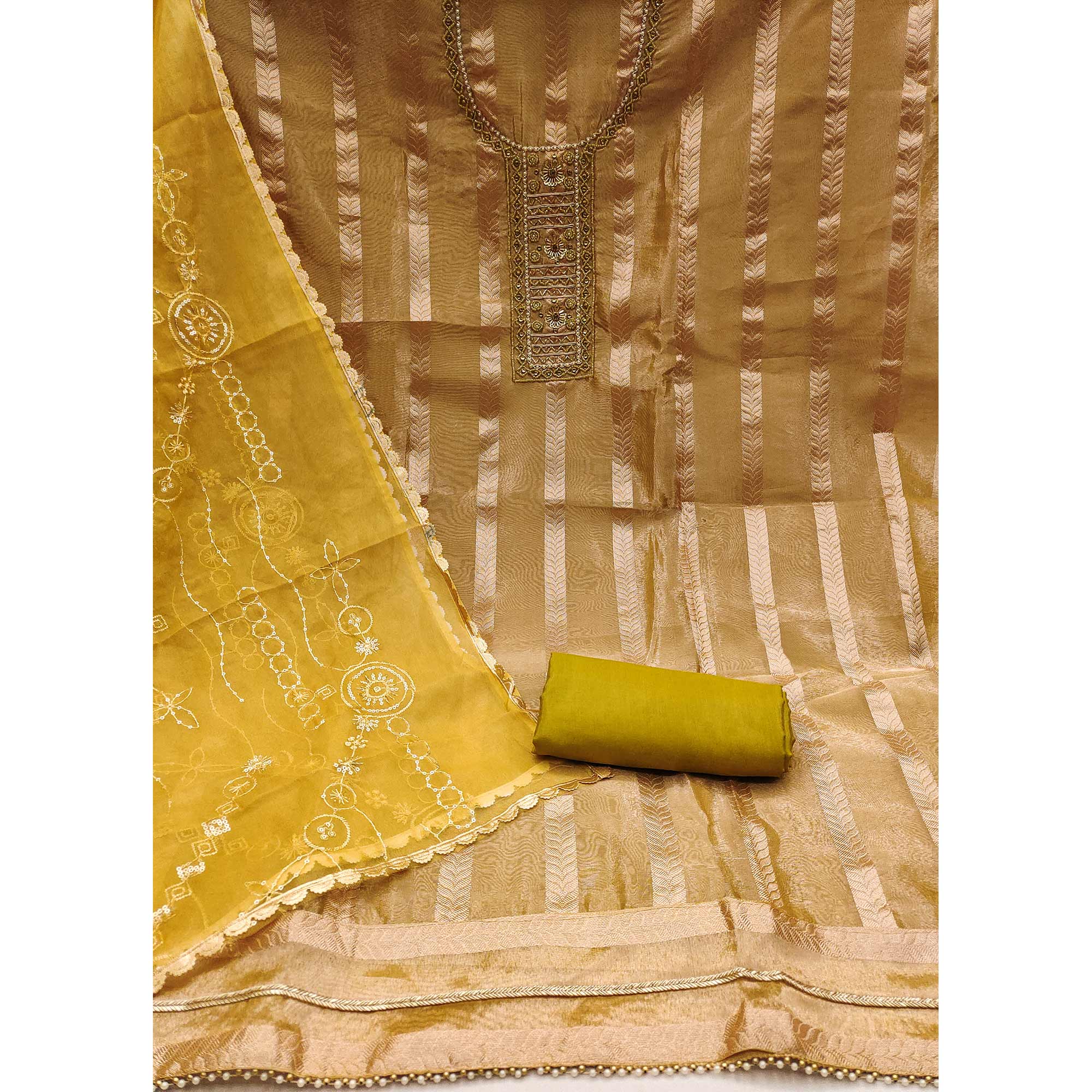 Green Sequins Hand Embroidery Organza Dress Material