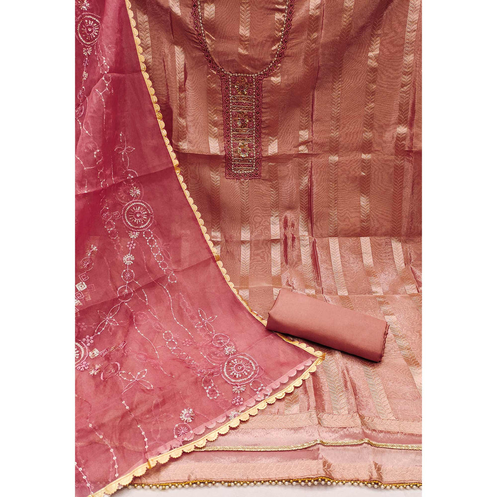 Peach Sequins Hand Embroidery Organza Dress Material