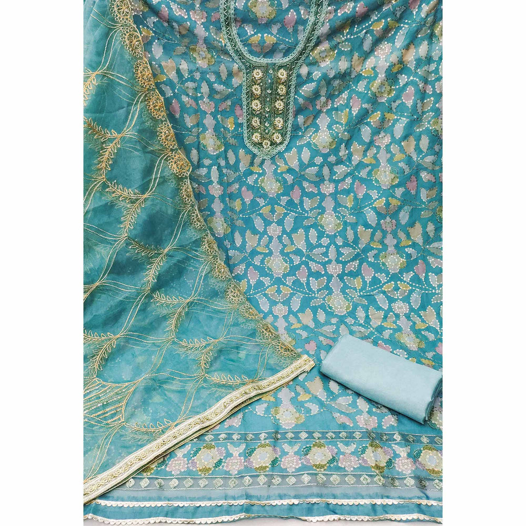 Blue Floral Sequins Embroidery Organza Dress Material